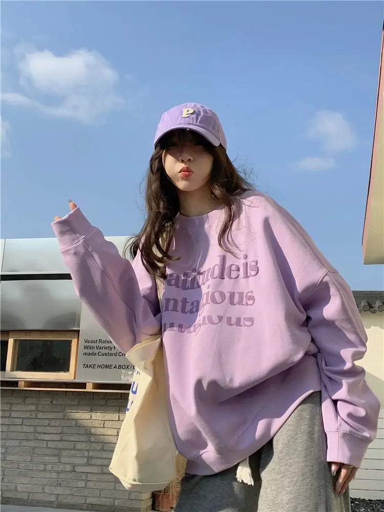 Fashion Solid Color Printing Letter Casual Sweatshirts Female Clothing 2023 Autumn Oversized Korean Tops All-match Sweatshirts - reetell