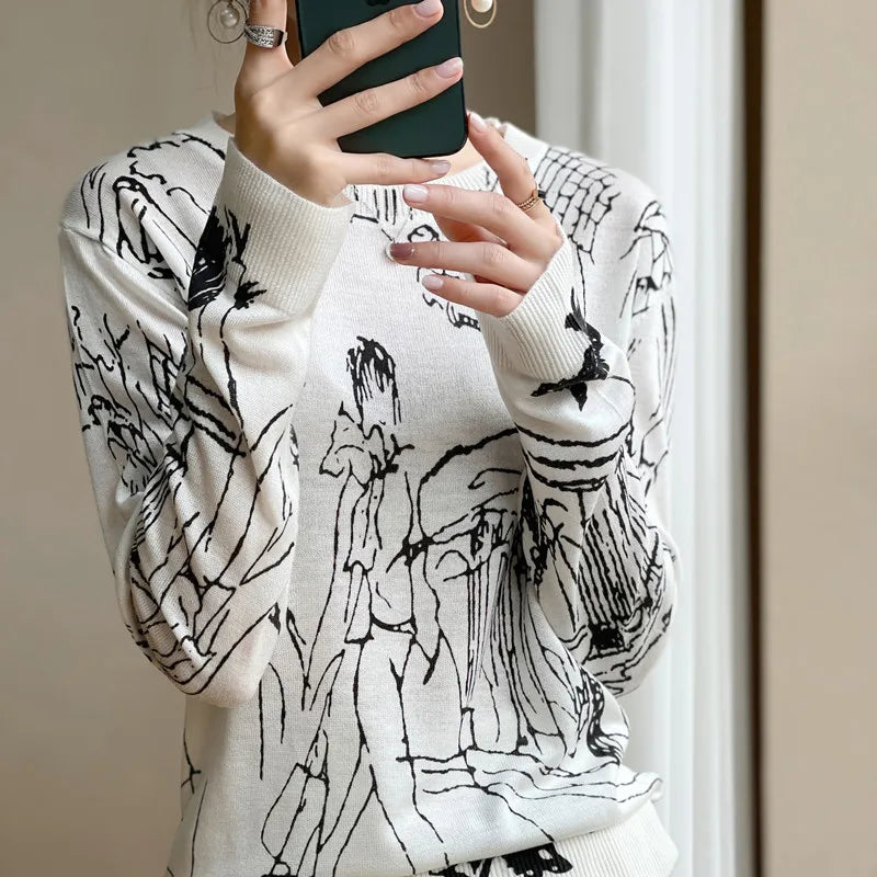 Spring And Autumn New Wool Knitted Cardigan Female Graffiti Print Loose Pullover Long Sleeve Round Neck Thin Sweater Coat XZ TY - reetell