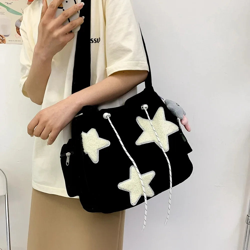 Women Star Pattern Corduroy Crossbody Bag Casual Tote Lady Simple Large Capacity Shoulder Bag Girl Travel School Bookbag Handbag