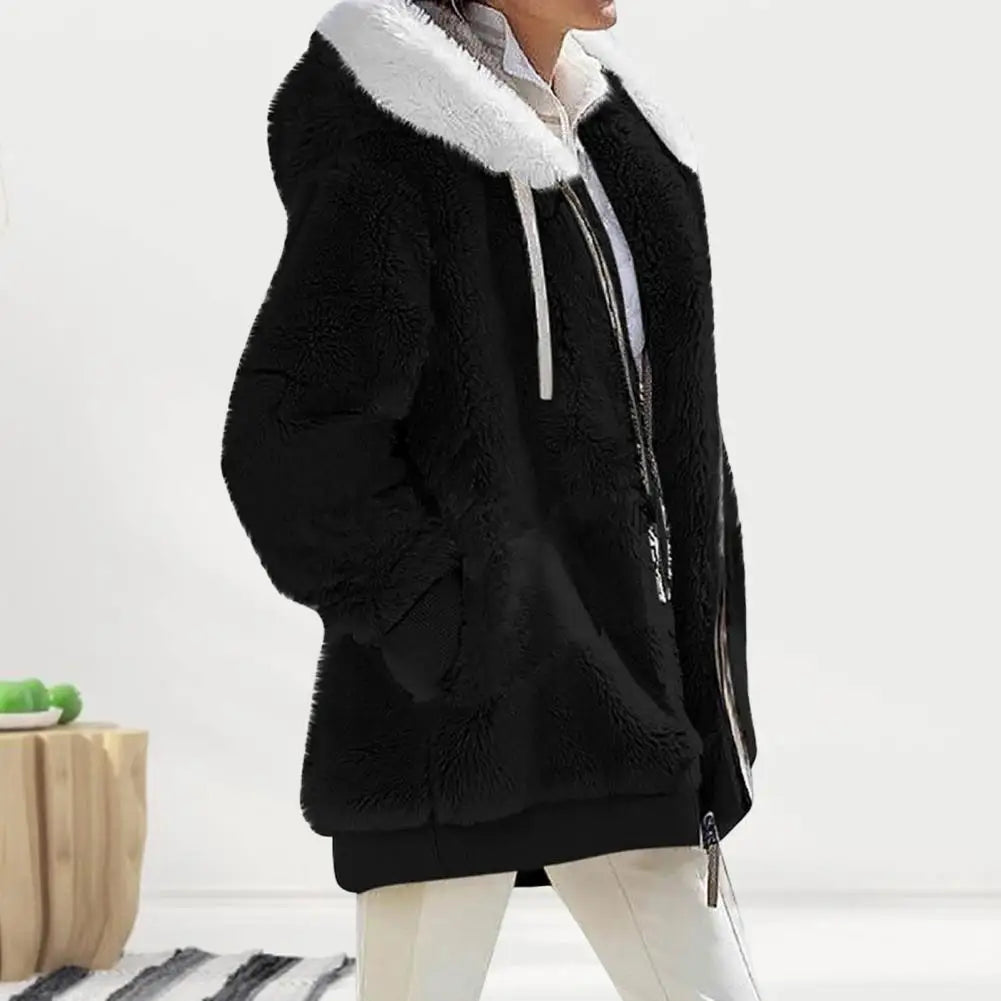 2023 New Women's Winter Coat Solid Color Warm Plush Large Size Ladies Coat Fall Winter Loose Plush Zipper Hooded Women's Coat - reetell