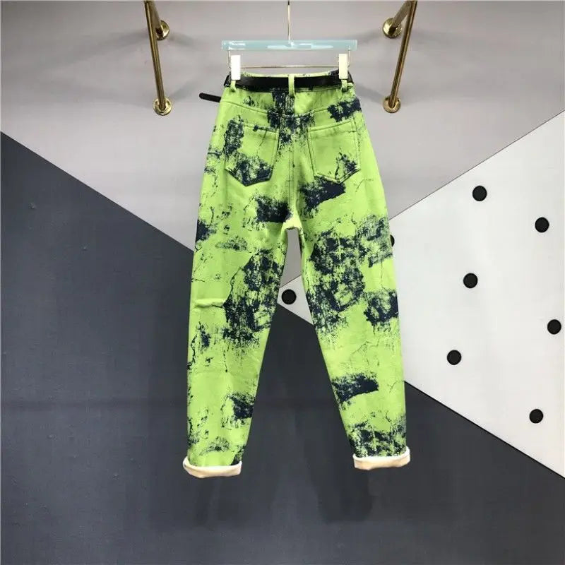 European Goods Heavy Industry Fashion Tie Dye Green Jeans Women's New Spring Summer High Waisted Loose Fit Slimming Harun Jeans - reetell