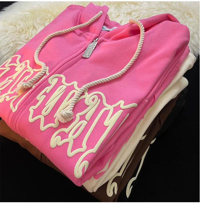 Hiphop Letter Embroidery Sweatshirt Women Autumn Harajuku Zip Up Casual Loose Hoodie Retro Long Sleeve Hooded Jacket Y2K Clothes - reetell