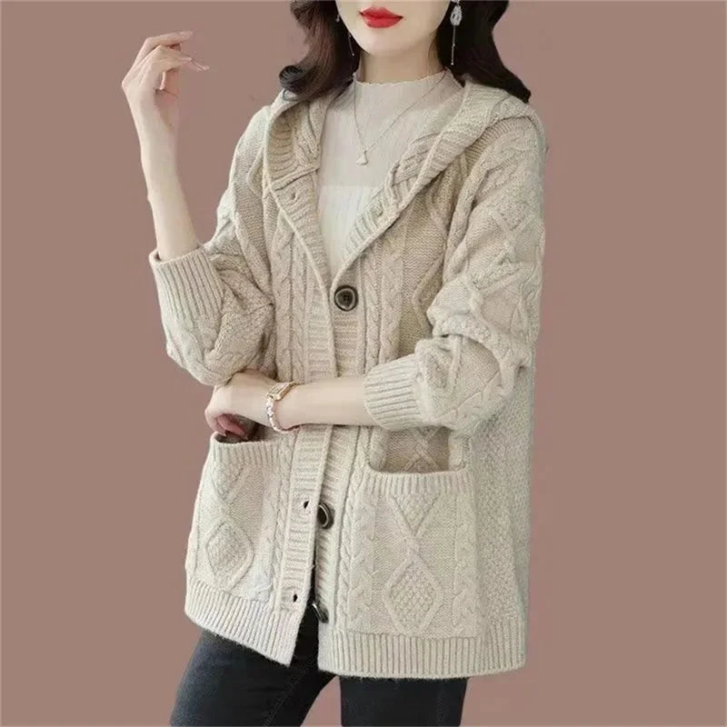 Hooded Sweater Spring And Autumn Mother Sweater Jacket Female Jacket 2023 New Loose Pocket Zipper Knitted Cardigan Mom HoodyCoat - reetell