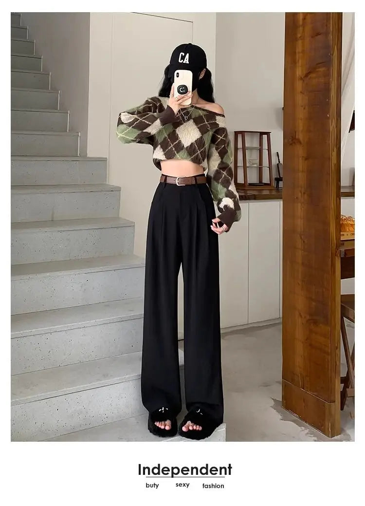 Fashion High Waist Wide Leg Pants Women Spring Fall Baggy Black Trouser Office Ladies Full Length Straight Suit Pant Outwear New - reetell