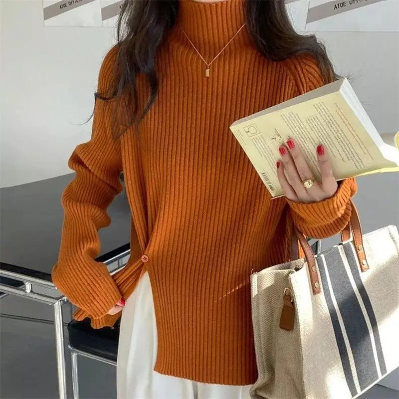 Women's Knit Sweater Off-white Loose Turtleneck Ladies PulloversButtons Slit Hot Sale Winter Offers Trend New Knitwear 2024 - reetell