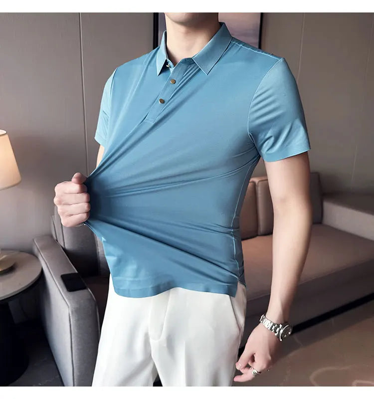 Ice Silk Traceless T-shirt Men's  Business Casual Solid Color Half Sleeve High Elasticity Top Silk Smooth Breathable POLO Shirt