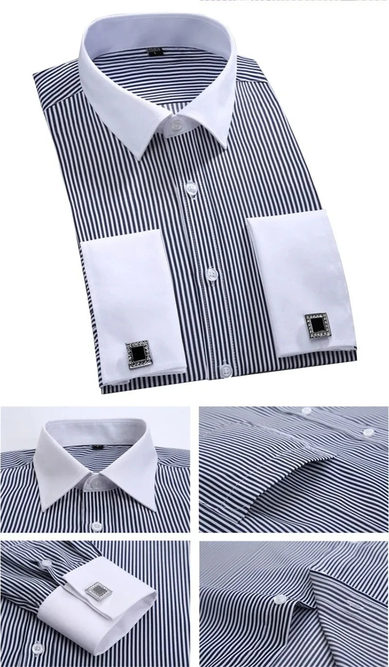 Men's French Cuff Dress Shirt 2023 New White Long Sleeve Formal Business Buttons Male Shirts Regular Fit Cufflinks Shirt M~6XL