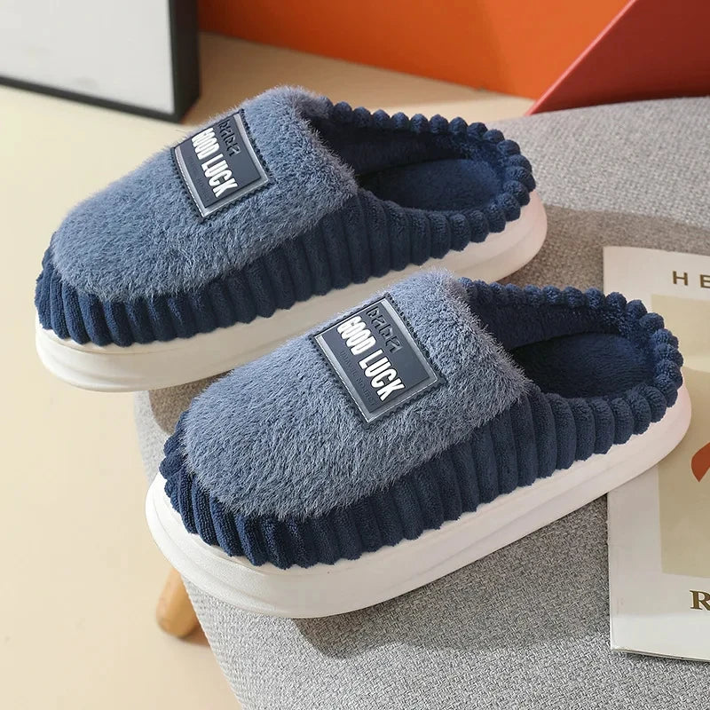 Autumn Winter Indoor Shoes 47 48 Men's Blue Bedroom Slippers Man Concise Slides Faux Fur Mules Leather Home Slipper Flip Fops