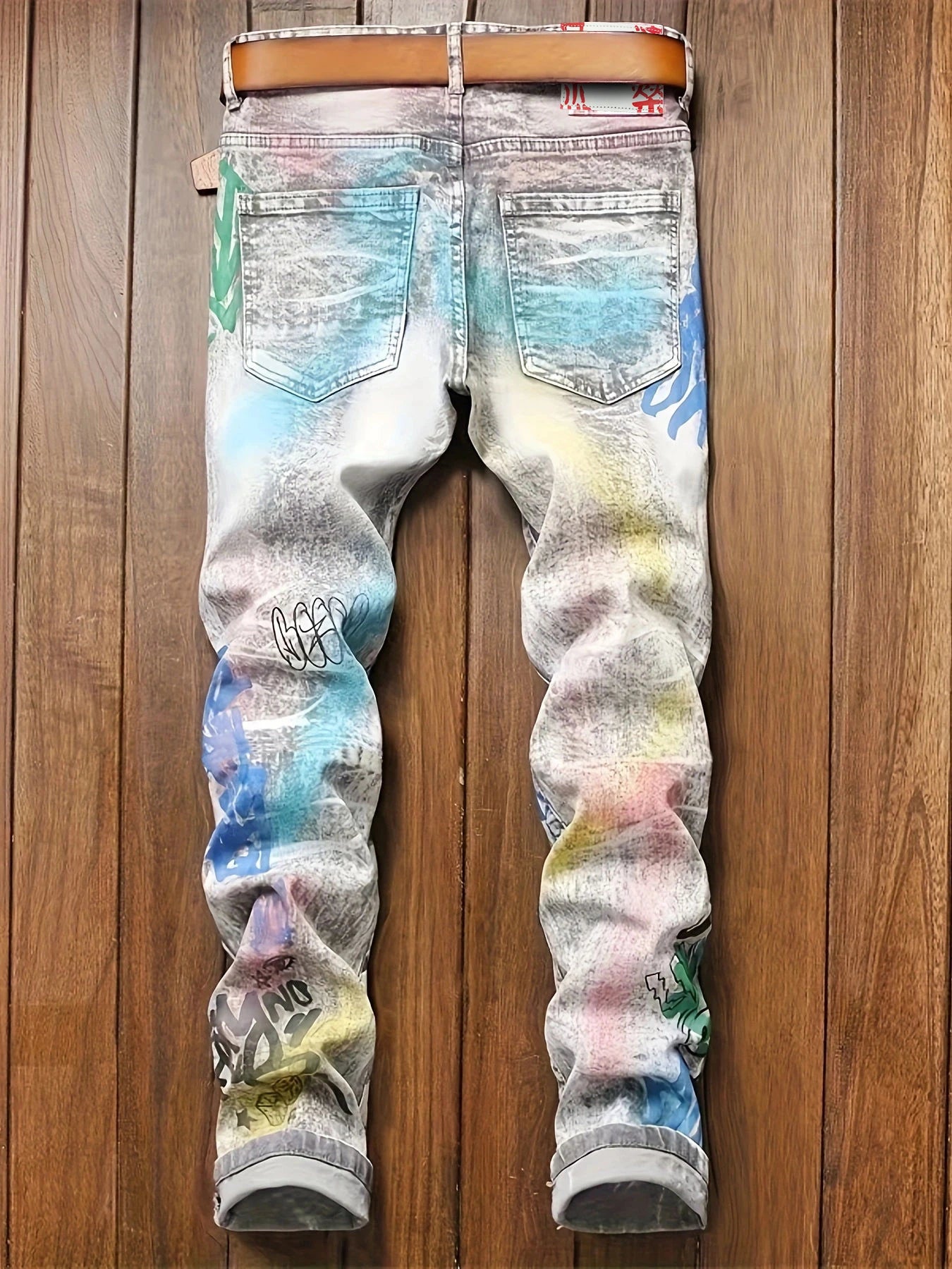 Men's graffiti slim fit jeans, fashionable streetwear, four season jeans - reetell