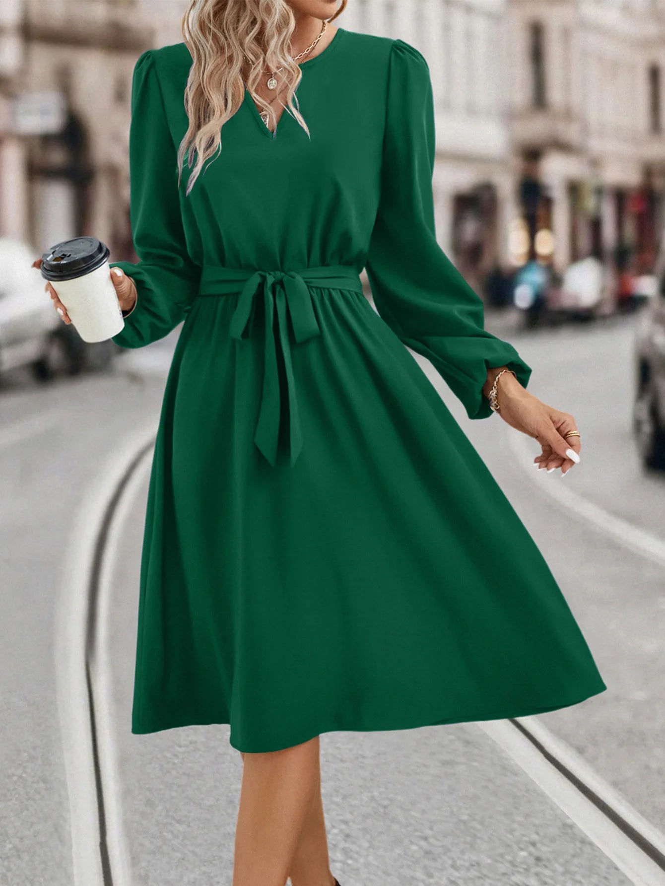 Elegant Women's Solid Color Lace Up Knee Length Dress 2024 New Autumn Winter Women's Long Sleeved V-neck Dress Vestido Femininos - reetell