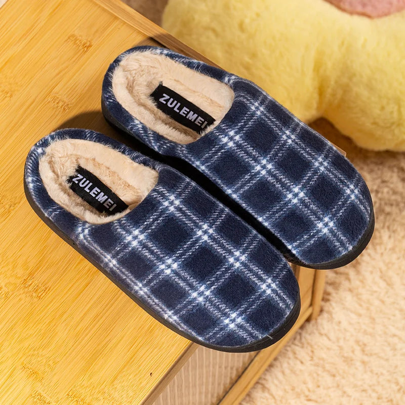 New Men's Striped Warm House Fleece Cozy Non-slip Plaid Cotton Mops Couples Slippers Winter Soft Indoor Bedroom Couples Shoes