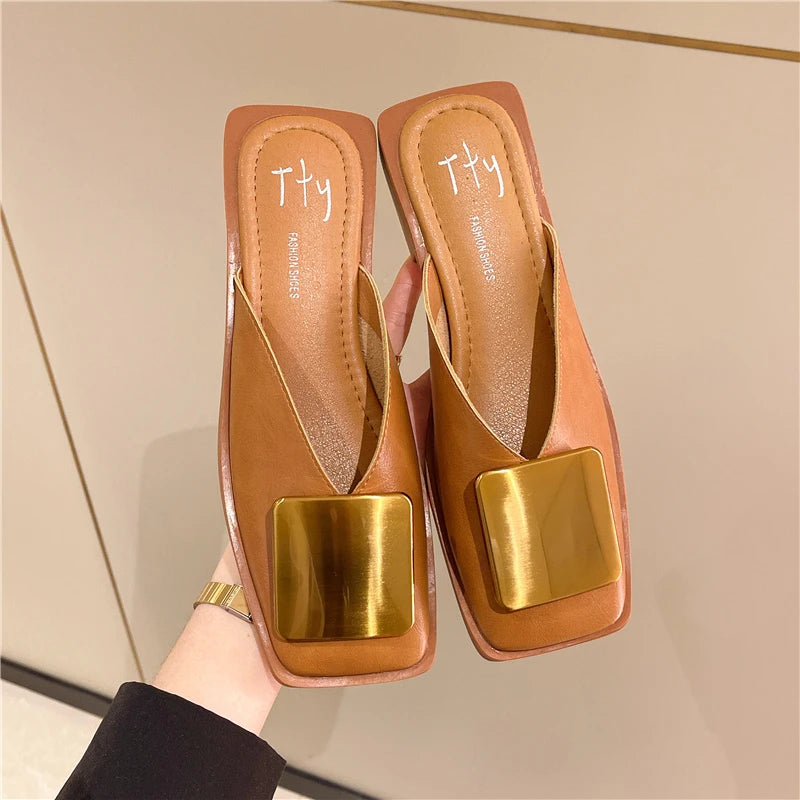 Brand Designer Women Slippers Fashion Metal Buckle Mules Flat Heels Square Toe Shallow Shoes Outdoor Slide Female Casual Sandal