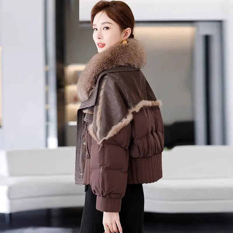 Women's Winter Down Jacket Sheepskin Fabric Fur V-Neck Rabbit Fur Lining Fur Coat Women Warm And Fashionable Jacket - reetell