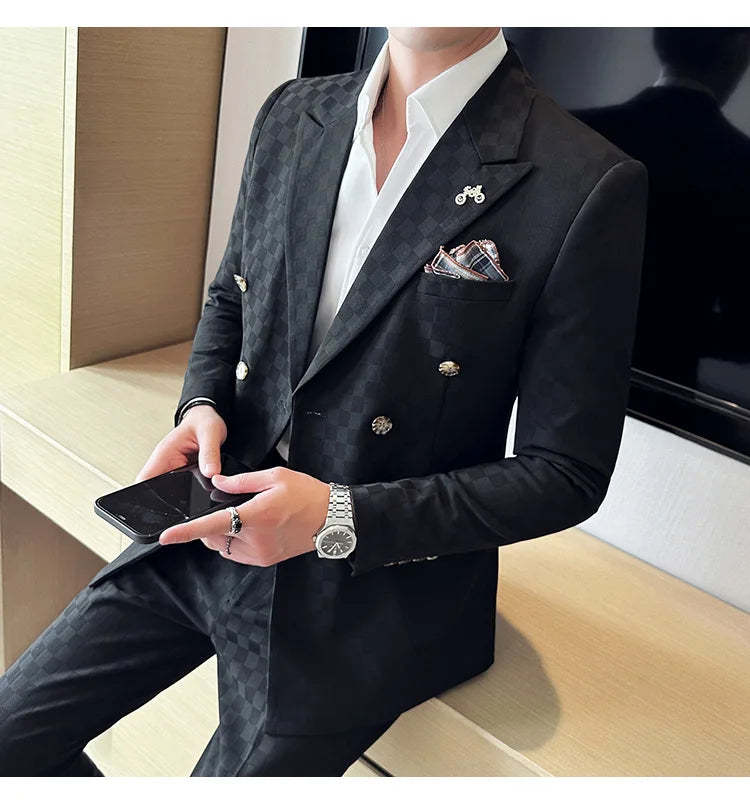 (Jacket+Pants) 2 Pieces Blue Apricot Business Party Men Suits Double Breasted Formal Style Custom Made Wedding Groom Tuxedos - reetell