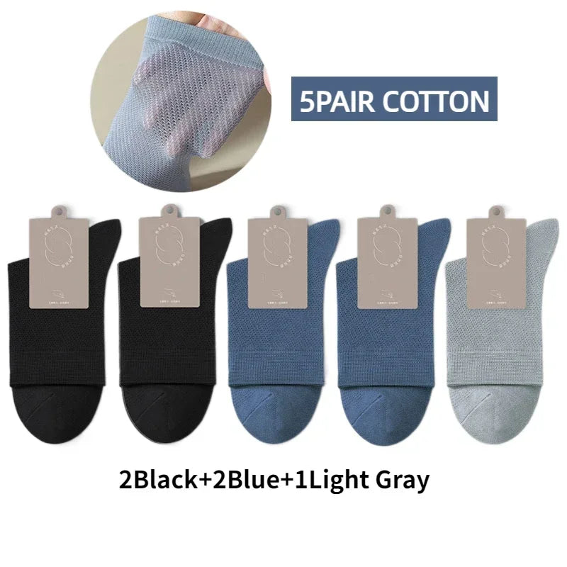 5 Pairs Men High Quality 96% Pure Cotton Socks Antibiosis Business Deodorant Sock Mesh Breathable Male Solid Color Casual Summer