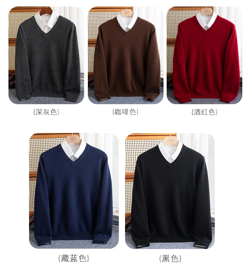 Men 100% Merino Wool Sweater V-Neck Pullover Autumn Winter Cashmere Warm Solid Knitwear Clothes Business Bottoming Soft Tops - reetell