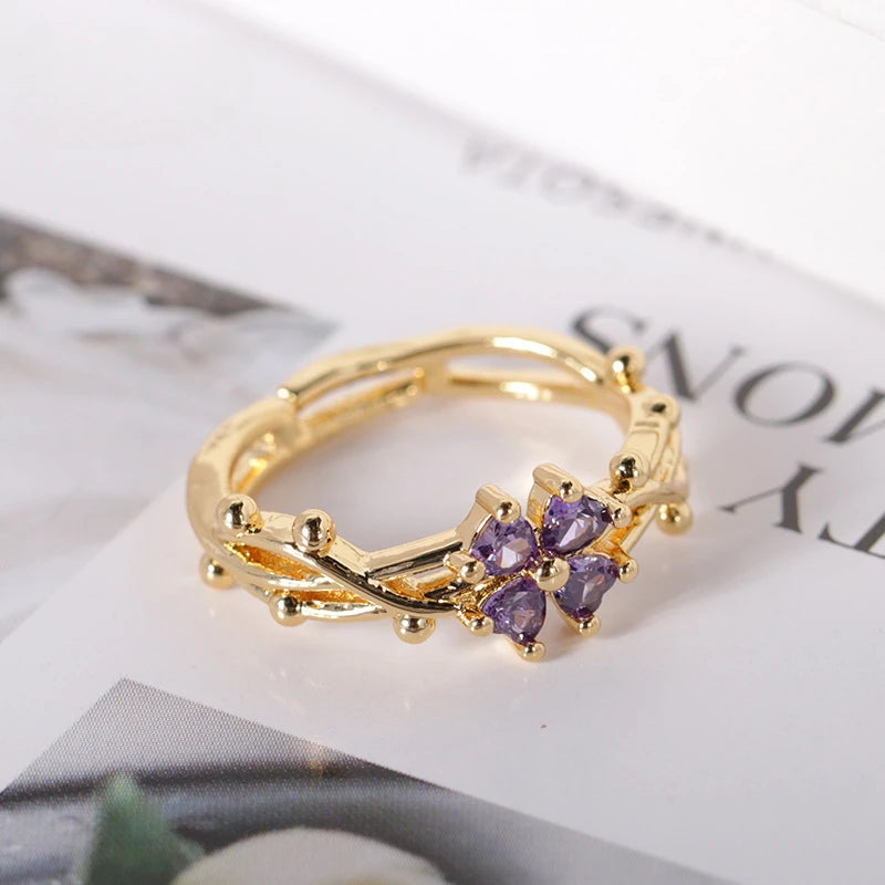 Cute Romantic Purple Four Leaf Zircon Flower Adjustable Rings for Women New Charm Gold Color Stainless Steel Finger Jewelry Gift