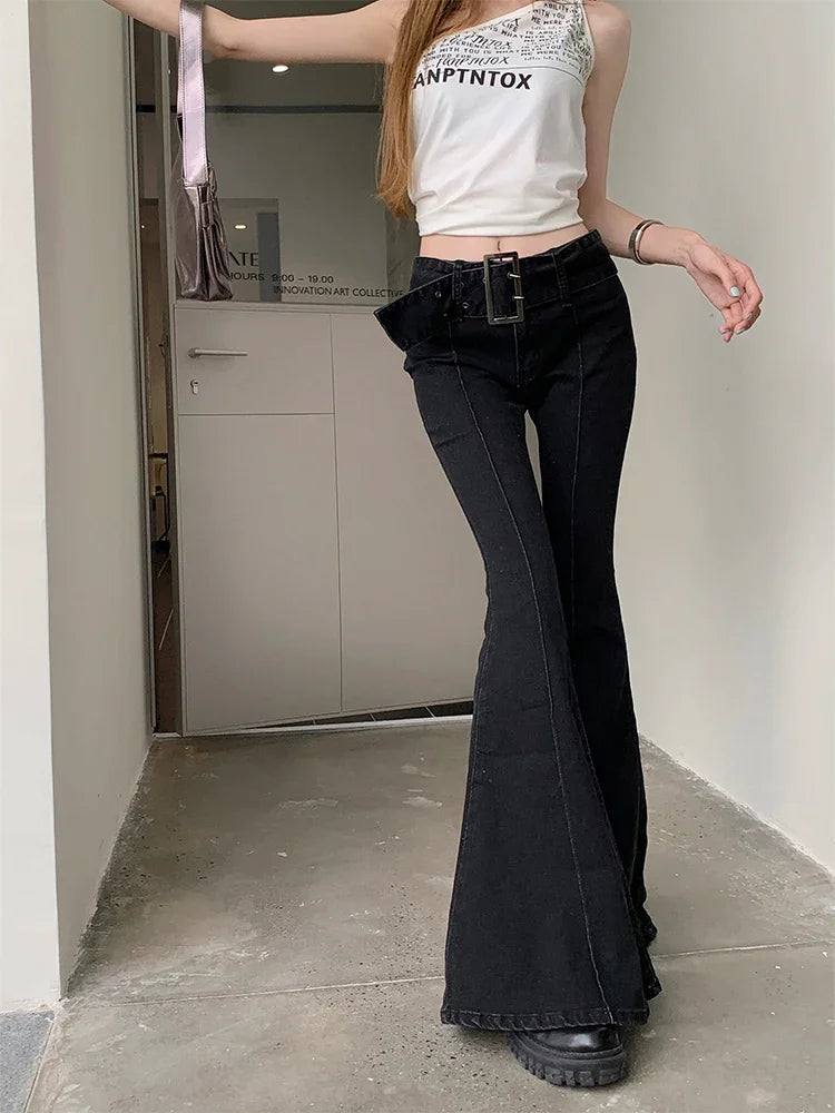 Women Japanese Y2k Streetwear Harajuku Fashion Bell Bottoms Denim Pants Long Trousers 2000s Grunge Flare Jeans Gyaru Goblin Core - reetell