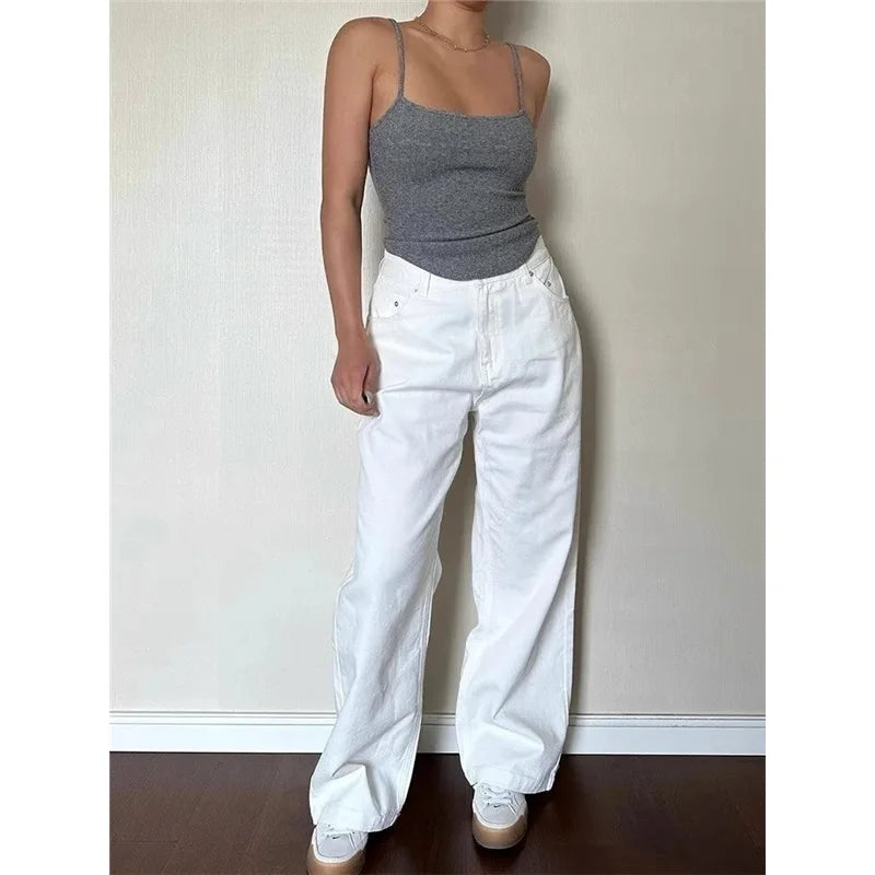 White Womens Jeans High Waist Vintage Straight Plus Size Baggy Denim Pants Street American Style Casual Wide Leg Denim Trouser - reetell