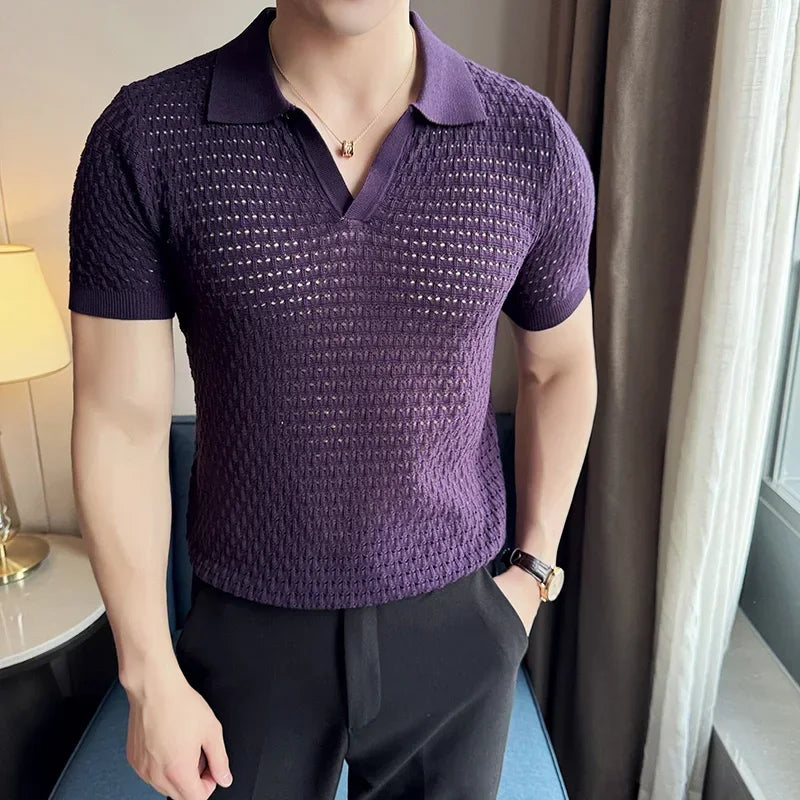 Men's Polo Shirt 2024 Summer New Light and Thin Knitted Hollow Solid Color Casual Short Sleeved V-neck T-shirt Men's Clothing