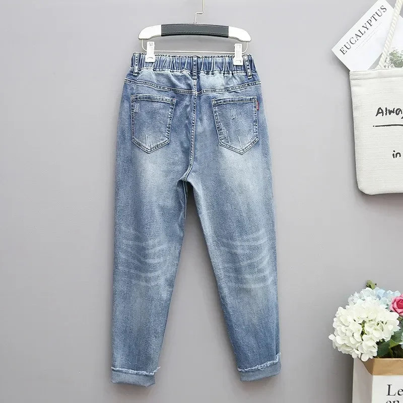 XL-6XL Plus Size jeans for Women Mom Jeans Woman Elastic High Waist Blue BaggyJeans Denim Ripped Jeans Female Harem Pants - reetell