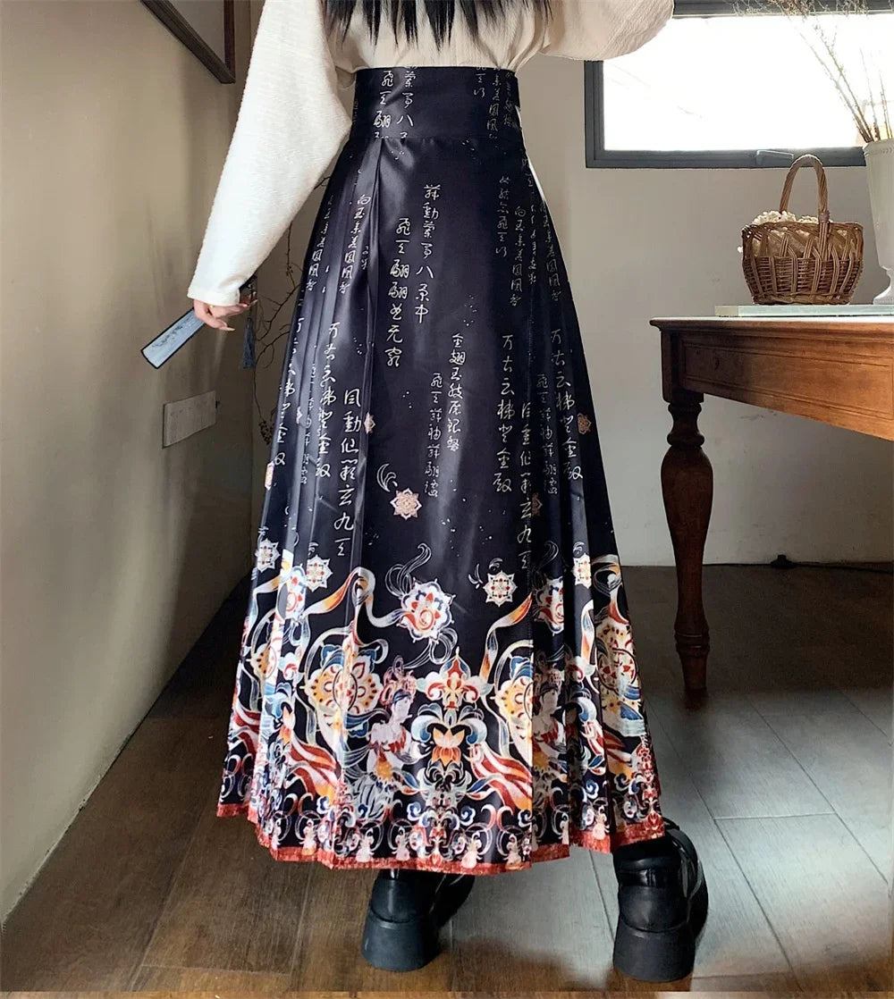 Maxi Chinese Style Horse Face Skirts Women Hanfu Vintage Harajuku Saia Casual Long Print Pleated Skirt Woman Clothing Faldas - reetell