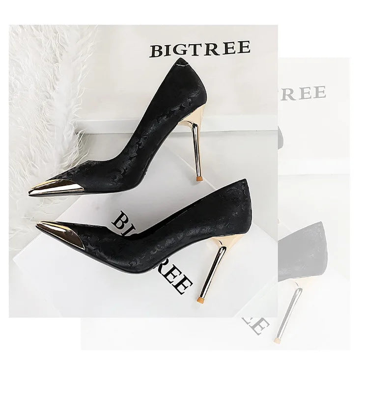 BIGTREE Shoes Metal Pointed End Women Pumps Silks Satins High Heels Ethnic Style Women Stilettos Heels 10 Cm Banquet High Heels