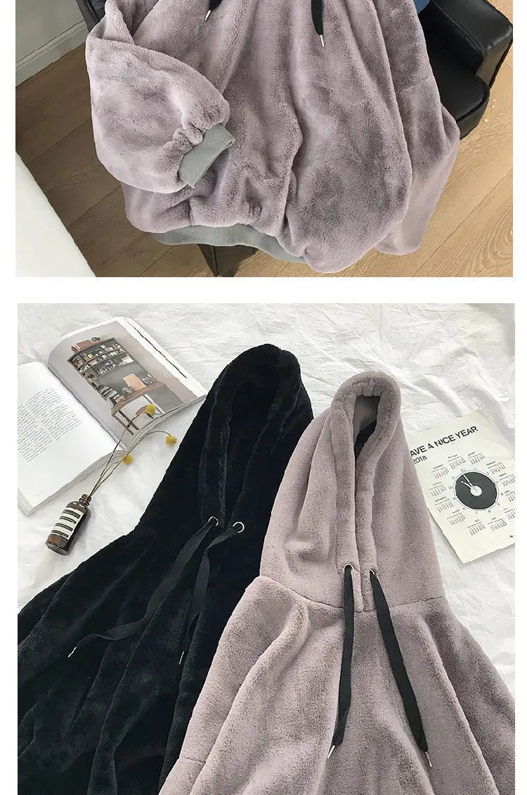 Autumn Winter Fleece-lined Hooded Long-sleeve Sweatshirt Women Hoodies Fashion Loose Couple's Warm Plush Coat Lazy Style Tops - reetell