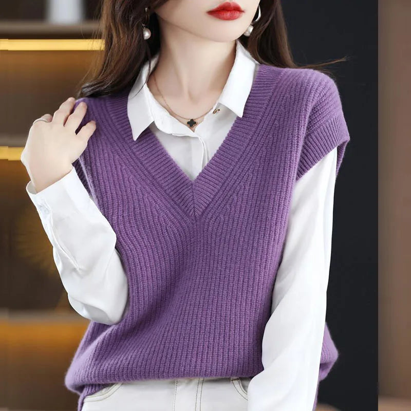 Knitted Jacket Sweater Women's Vest Sleeveless Coat Wool Blended V-Neck Pullover Spring Autumn Fashion Women's Top - reetell