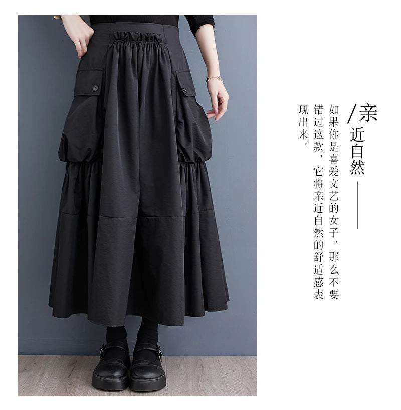 Oversized Spring Autumn Cargo Midi Skirt Women Elastic High Waist Fashion Ruffle Pleated Ladies Skirts Loose Casual Woman Skirt - reetell