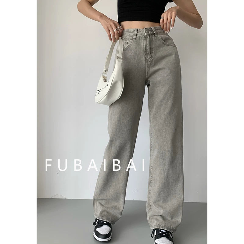 Grey Womens Jeans High Waist Vintage Straight Baggy Denim Pants Streetwear American Style Fashion Casual Wide Leg Denim Trouser - reetell