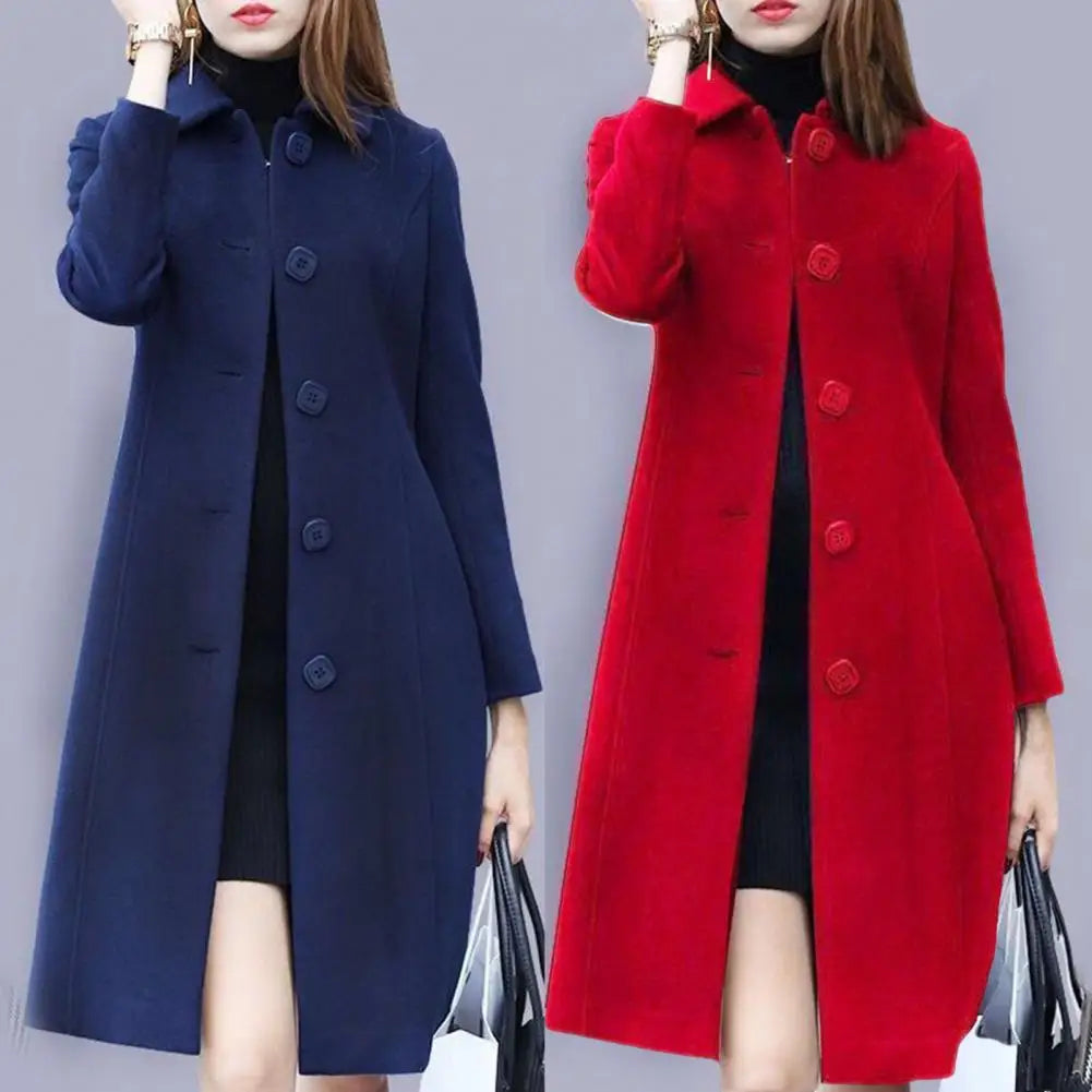 New Fashion British Solid Button Wool Coat Women Long Sleeve Jackets Woman Elegant Pocket Slim Outfit Mujer - reetell