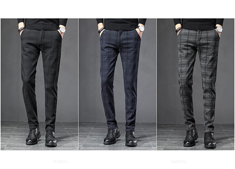 2024 New Spring Autumn England Plaid Work Stretch Pants Men Business Fashion Slim Grey Blue Casual Pant Male Brand Trousers 38 - reetell