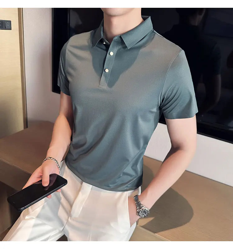 Ice Silk Traceless T-shirt Men's  Business Casual Solid Color Half Sleeve High Elasticity Top Silk Smooth Breathable POLO Shirt