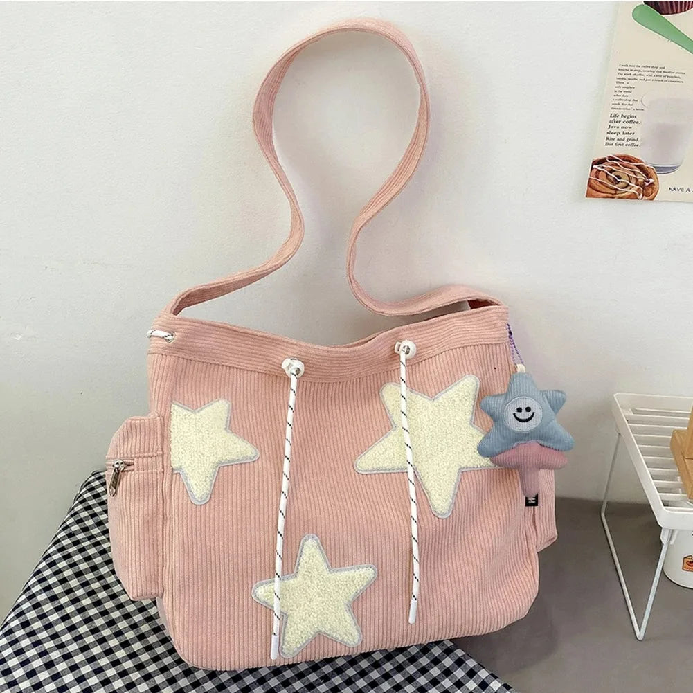 Women Star Pattern Corduroy Crossbody Bag Casual Tote Lady Simple Large Capacity Shoulder Bag Girl Travel School Bookbag Handbag