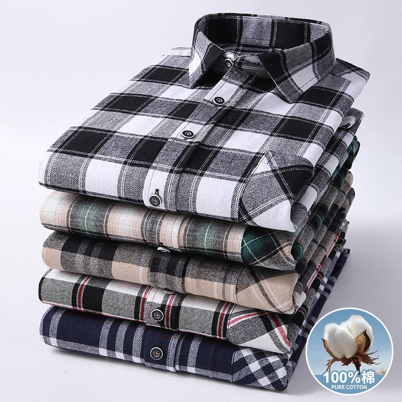 Men Fashion Long Sleeve Brushed Flannel Shirt Single Pocket Comfortable 100% Cotton Casual Slim Fit Button-down Plaid Shirts 8XL - reetell