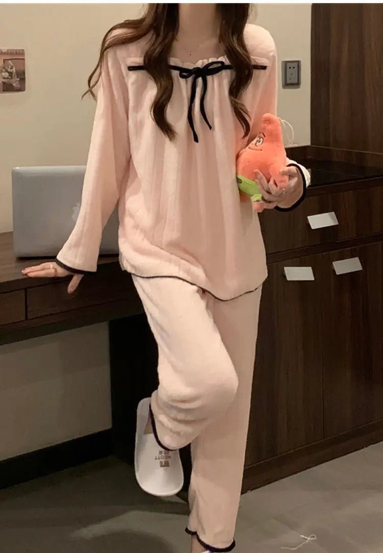 Coral Fleece Pajamas Sets for Women Autumn Winter Thick Warm Sweet Long Sleeve Sleepwear Nightgown Pijama Suit Mujer Homewear