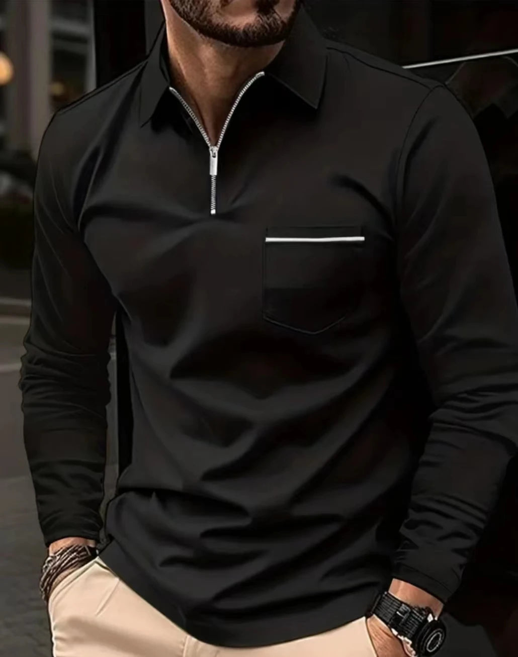 Autumn Men's POLO Shirt Zipper Polo Collar Golf Wear Long Sleeve Pocket Men's Top Casual Polo Shirt Fashion Solid Color T-shirt