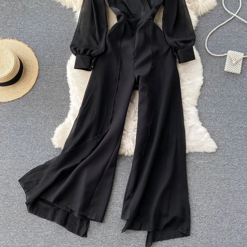 EWQ Elegant Style Chic Jumpsuit Women V-neck Long-sleeve Mesh Patchwork Solid Color Female Jumpsuits Autumn 2023 New 27SN3727