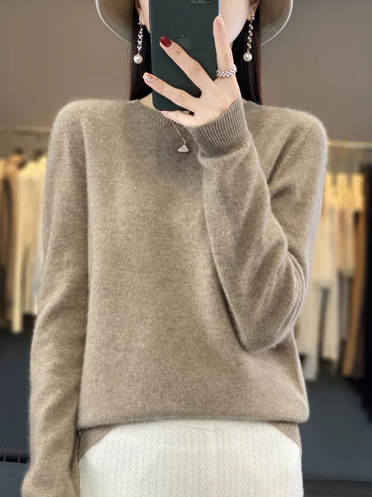 100% Merino Wool Sweater Women  Cashmere Pullover Knitwear Autumn Winter O-neck Solid Color Fashion Basic Female Clothes Tops - reetell