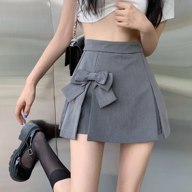 Zoki Cute Bow Women Sexy Pleated Skirt Janpan Sweet High Waist Student A Line Mini Skirt Summer Zipper Female Solid Color Skirt - reetell