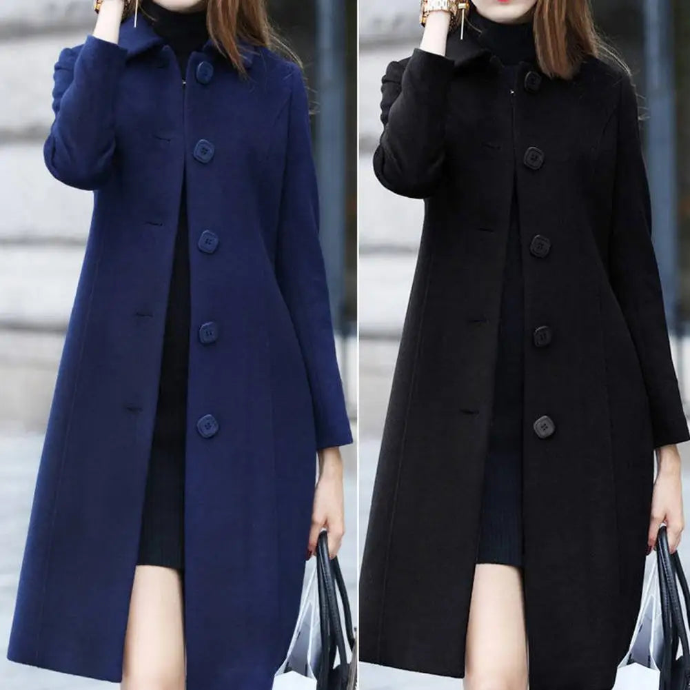 New Fashion British Solid Button Wool Coat Women Long Sleeve Jackets Woman Elegant Pocket Slim Outfit Mujer - reetell