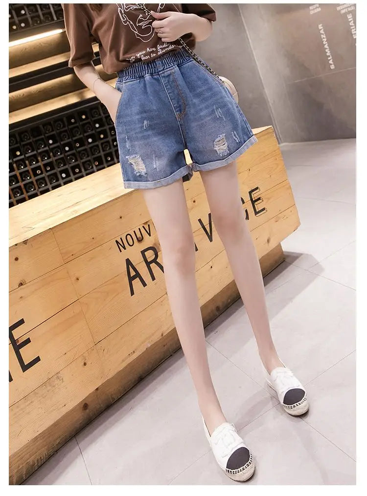 Large Size Broken Hole Cowboy Shorts Women Thin Section Wide Loose Tight High Waist Skinny A Word Wide Leg Fattening Hollowing - reetell