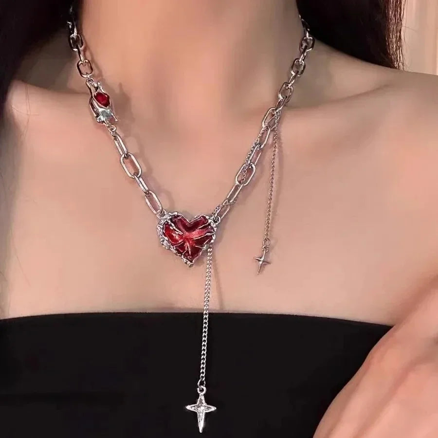 Punk Gothic Red Lava Star Cross Heart Pendant Leather Rope Necklace Women Men Hip Hop Y2K 90s EMO Accessories Aesthetic Jewelry