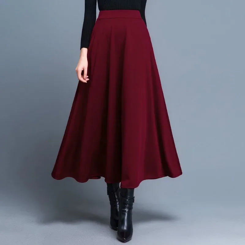 2024 Autumn and Winter Solid Color Woolen Skirt Big Hem A- Line Skirt High Waist Long Woman Skirts Mujer Faldas Saias Mulher - reetell