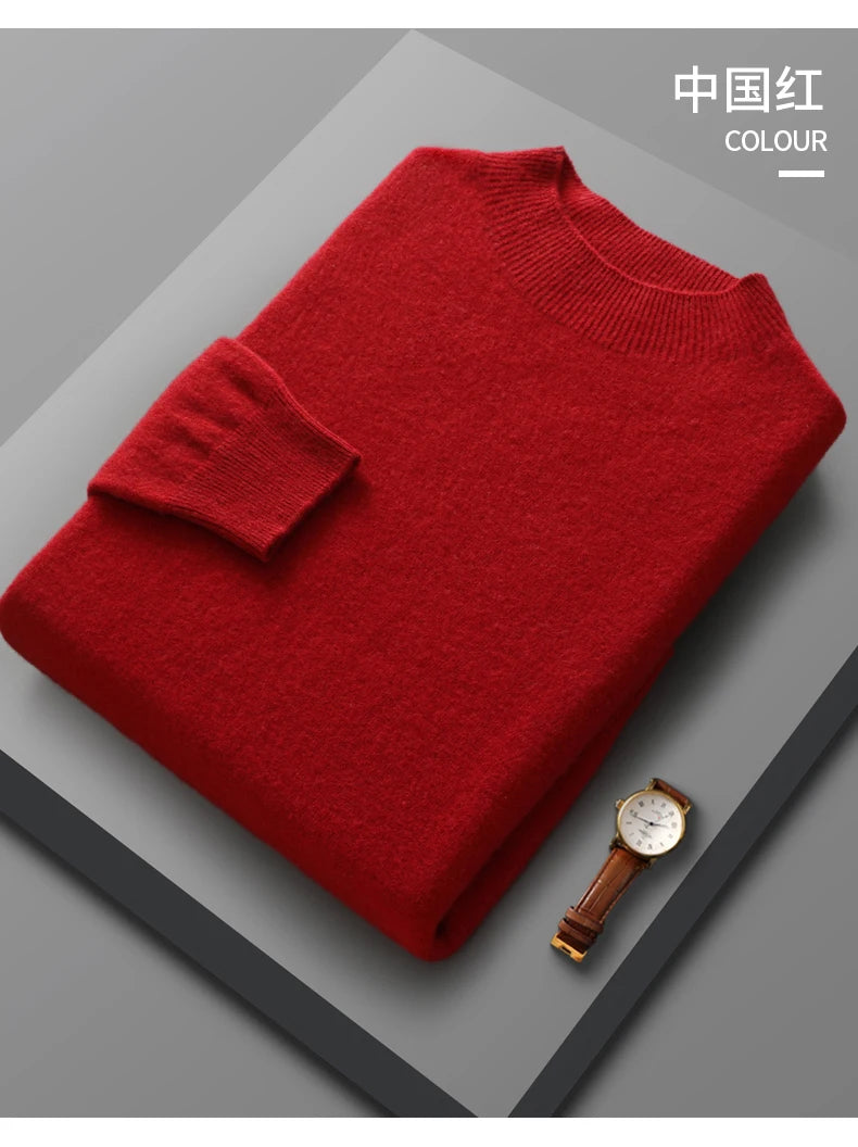 Spring Autumn 100% Merino Wool Pullover Sweater Cashmere Knitwear Men Mock-Neck Long-sleeve Basic Clothing Grace Tops - reetell