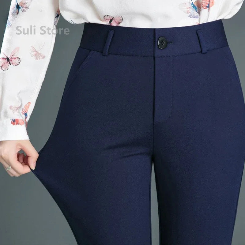 Spring Autumn Casual Button Elastic Mid Waist Black&Navy Blue Straight Trousers Office Lady Quick Drying Suit Pants Female - reetell