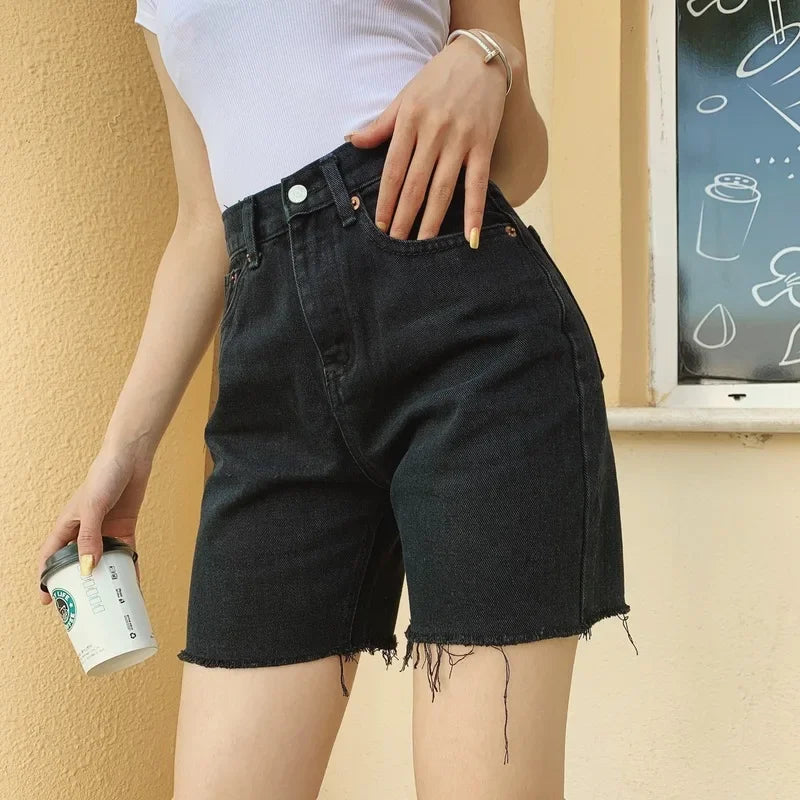 Women High Waist Wide Leg Denim Shorts Tassel 2024 Summer Fashion Streetwear Casual Solid Color Female Loose Straight Jeans - reetell