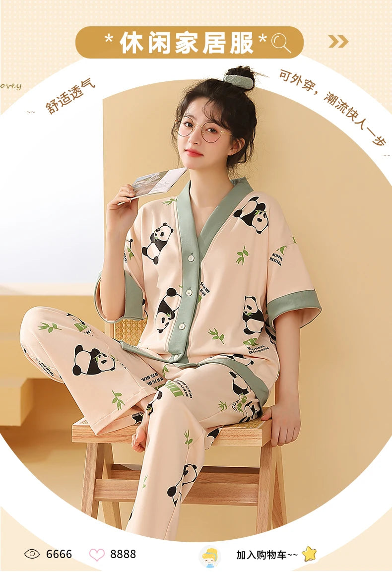 Women Clothing M-5XL Summer Cotton Panda Pajama Casual Short Sleeve Kimono Cardigan Sleepwear Cartoon Nightwear Woman Loungewear