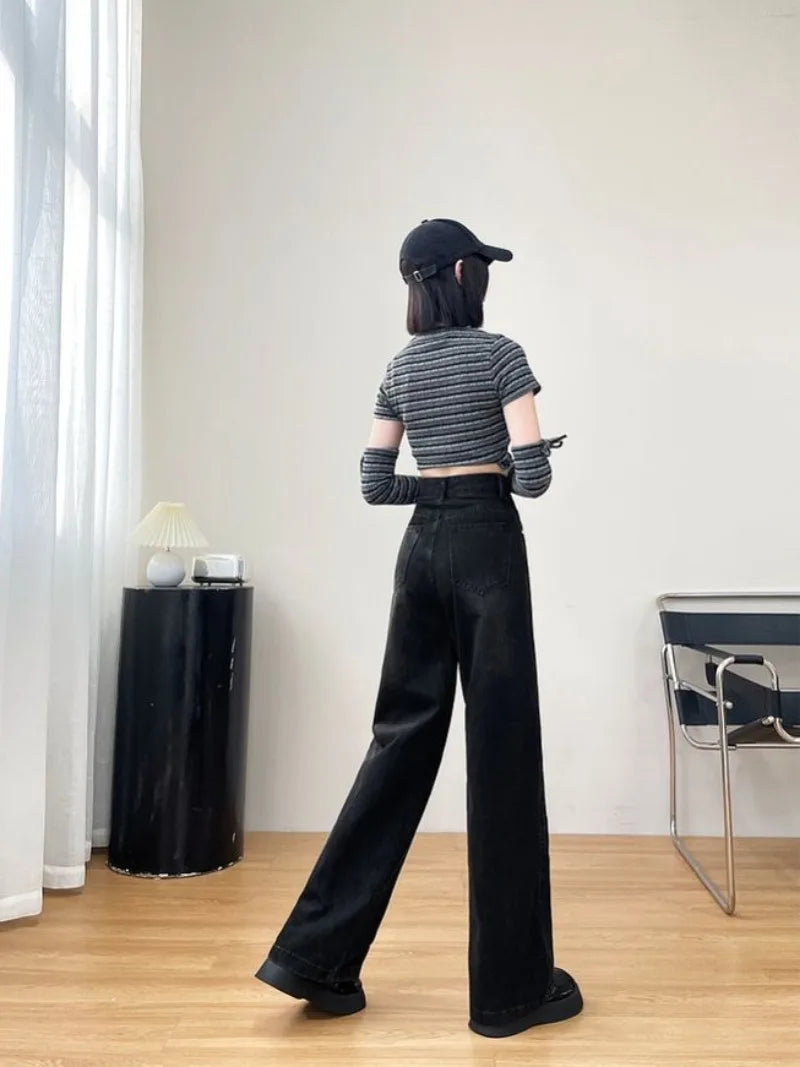 Spring Autumn Black Straight Solid Color Casual Loose Baggy Jeans Women High Waist Wide Leg Y2K Aesthetic Denim Pants Streetwear - reetell